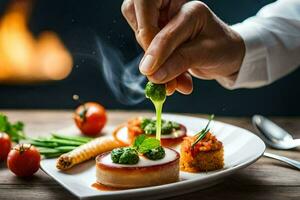 uma chefe de cozinha é aspersão alguns molho em uma placa. gerado por IA foto