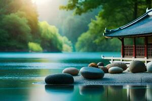 a japonês pavilhão dentro a meio do a lago. gerado por IA foto