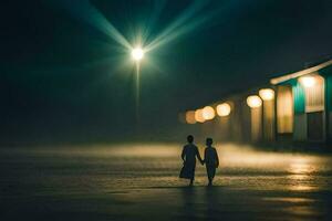 dois pessoas caminhando dentro a chuva às noite. gerado por IA foto