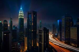 a cidade Horizonte às noite com tráfego luzes. gerado por IA foto