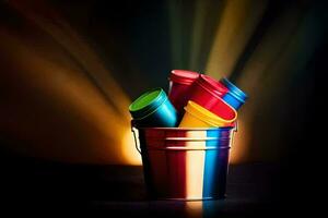 uma balde preenchidas com colorida plástico copos. gerado por IA foto