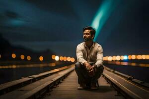 uma homem sentado em uma de madeira ponte às noite. gerado por IA foto