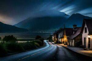 foto papel de parede a céu, noite, Noruega, a estrada, casas, montanhas. gerado por IA