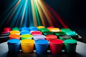 colorida plástico copos em uma mesa com uma luz brilhando em eles. gerado por IA foto