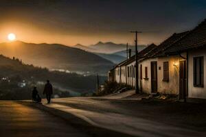 uma homem e dele cachorro andar baixa uma estrada às pôr do sol. gerado por IA foto