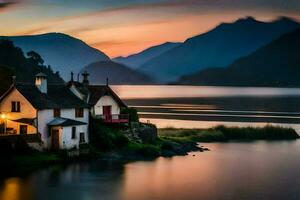 uma casa senta em a costa do uma lago às pôr do sol. gerado por IA foto