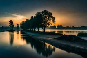 uma lago com árvores e uma pôr do sol. gerado por IA foto