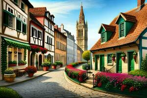 uma rua dentro uma europeu cidade com colorida edifícios. gerado por IA foto