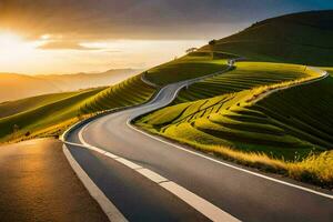 a estrada para a pôr do sol. gerado por IA foto