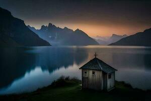uma pequeno de madeira cabana senta em a costa do uma lago. gerado por IA foto