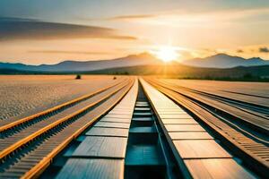 Ferrovia faixas dentro a deserto às pôr do sol. gerado por IA foto