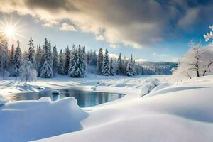 inverno panorama com neve coberto árvores e uma rio. gerado por IA foto