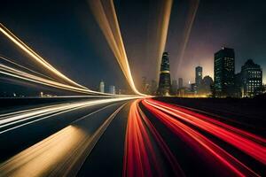 grandes exposição fotografia do cidade luzes e tráfego em autoestrada. gerado por IA foto