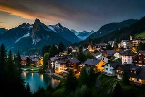 a Vila do suíço Alpes às crepúsculo. gerado por IA foto