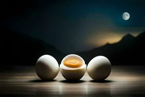 três ovos estão sentado em uma mesa com uma cheio lua dentro a fundo. gerado por IA foto