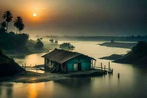 uma pequeno cabana senta em a costa do uma rio. gerado por IA foto