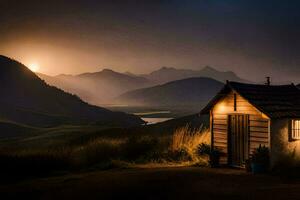 uma pequeno cabine dentro a montanhas às noite. gerado por IA foto