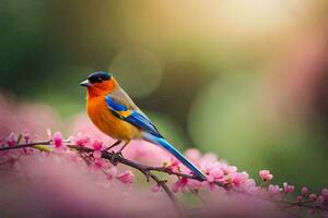 uma colorida pássaro senta em uma ramo do Rosa flores gerado por IA foto