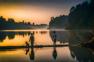 dois pessoas ficar de pé em a costa do uma lago às pôr do sol. gerado por IA foto