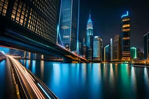 a cidade Horizonte às noite com luzes em a edifícios. gerado por IA foto