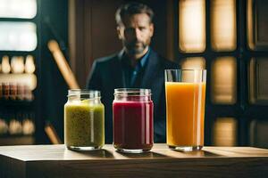 uma homem dentro uma terno em pé Próximo para três diferente tipos do suco. gerado por IA foto