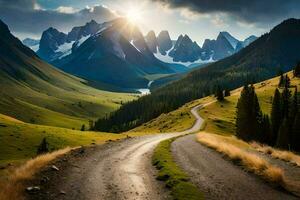 uma estrada enrolamento através a montanhas com uma Sol brilhando. gerado por IA foto
