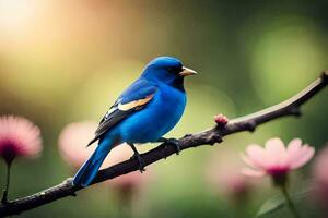 uma azul pássaro senta em uma ramo com Rosa flores gerado por IA foto