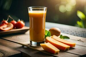 uma vidro do laranja suco com fatias do Melão e tomates. gerado por IA foto