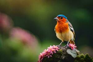 uma colorida pássaro senta em topo do uma flor. gerado por IA foto