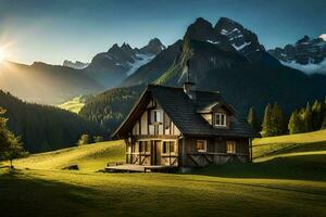 uma pequeno de madeira casa dentro a montanhas. gerado por IA foto
