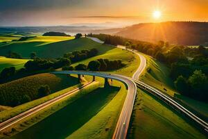 uma rodovia enrolamento através uma verde vale às pôr do sol. gerado por IA foto