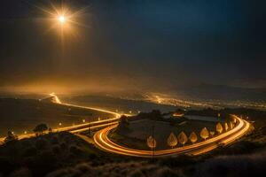 uma grandes exposição foto do uma estrada às noite com uma brilhante Estrela dentro a céu. gerado por IA