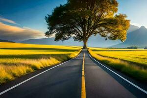 uma árvore em a estrada. gerado por IA foto