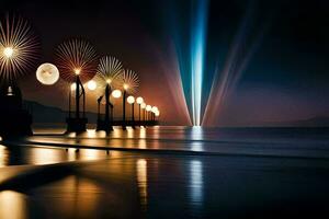 uma grandes linha do luzes em a de praia às noite. gerado por IA foto