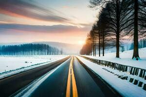 uma Nevado estrada dentro a meio do uma inverno panorama. gerado por IA foto