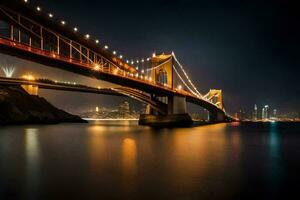 a dourado portão ponte às noite. gerado por IA foto