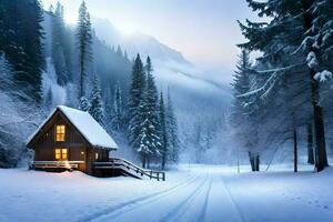 uma cabine dentro a neve com árvores e neve. gerado por IA foto