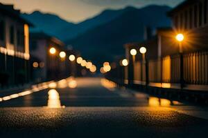 uma rua às noite com luzes em a estrada. gerado por IA foto
