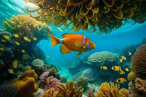 a laranja peixe nada dentro a oceano com uma coral recife. gerado por IA foto