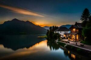 uma casa senta em a costa do uma lago às pôr do sol. gerado por IA foto