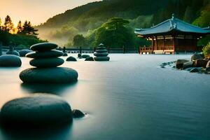 uma japonês pagode senta dentro a água com pedras e pedras. gerado por IA foto