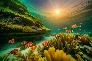 embaixo da agua cena com coral recifes e peixe. gerado por IA foto