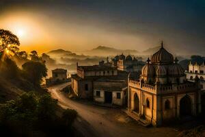 a Sol sobe sobre uma Cidade dentro Índia. gerado por IA foto