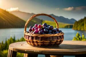 uvas dentro uma cesta em uma mesa dentro frente do uma lago. gerado por IA foto