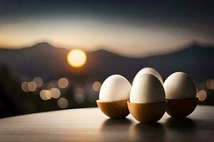 ovos em uma mesa com uma pôr do sol dentro a fundo. gerado por IA foto