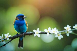 uma azul pássaro senta em uma ramo com branco flores gerado por IA foto