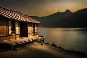 uma pequeno de madeira casa senta em a costa do uma lago. gerado por IA foto