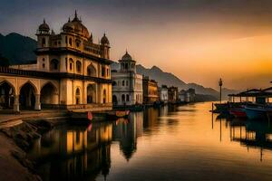 a pôr do sol sobre a lago dentro udaipur, Índia. gerado por IA foto