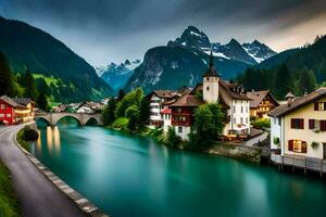 foto papel de parede montanhas, a cidade, rio, Suíça, a Alpes, Suíça,. gerado por IA