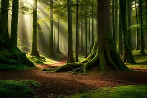 uma floresta com árvores e luz solar brilhando através. gerado por IA foto